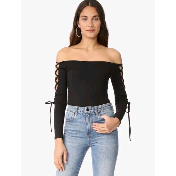 Susana Monaco Tops - Susana Monaco Black Off Shoulder Tie Sleeve Top  Stretch Made in USA Sz M